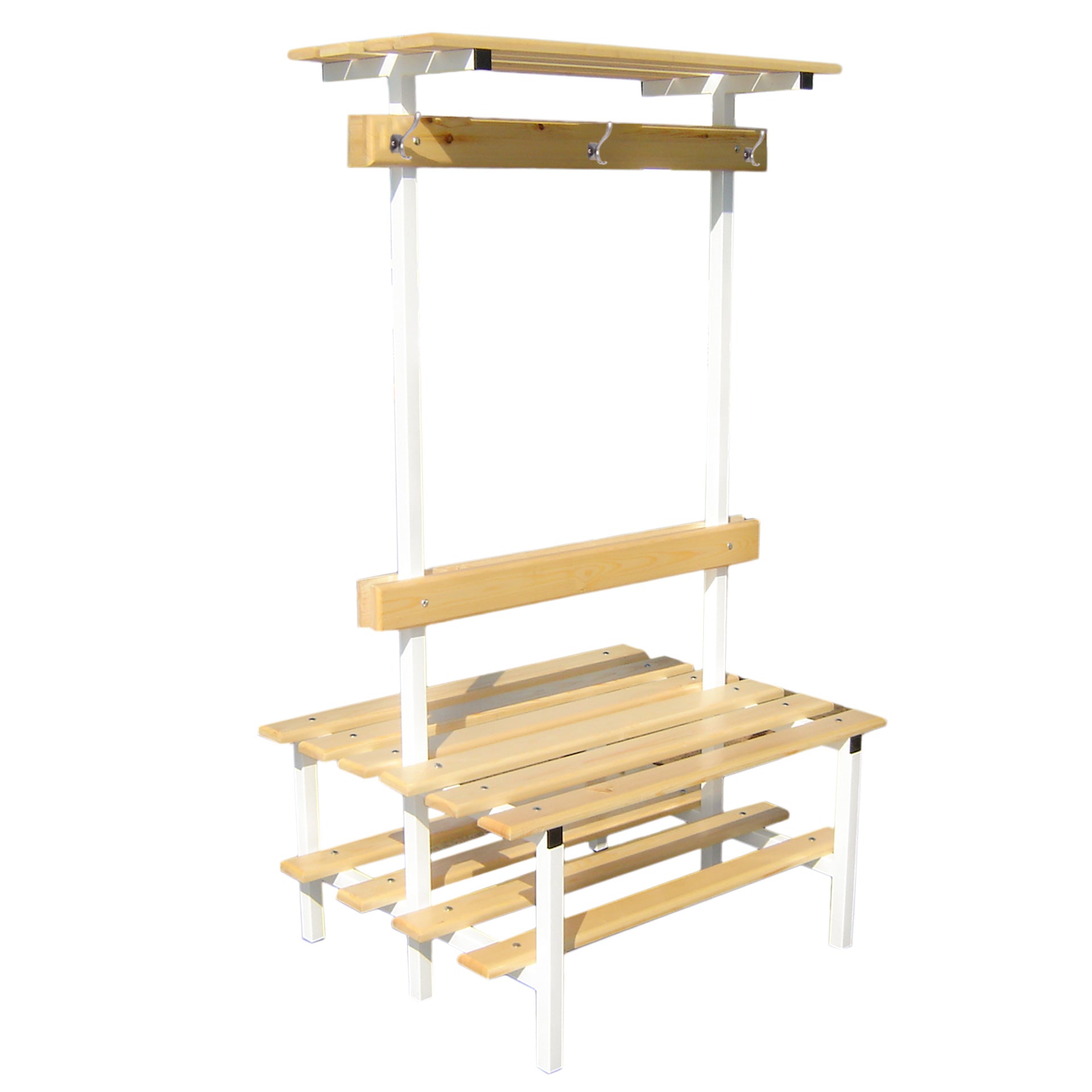 DOUBLE DRESSING ROOM BENCH WITH SHOE RACK, COAT RACK AND TOP SHELF