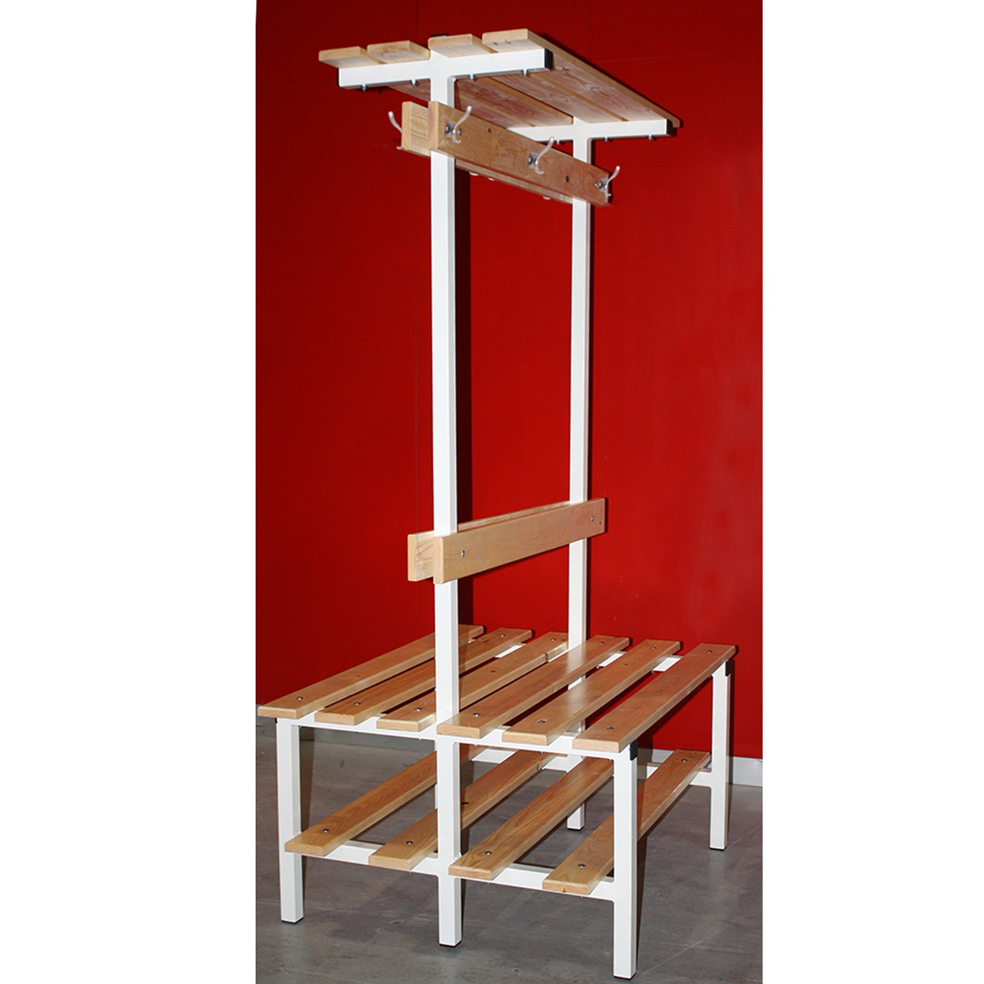 DOUBLE DRESSING ROOM BENCH WITH SHOE RACK, COAT RACK AND TOP SHELF