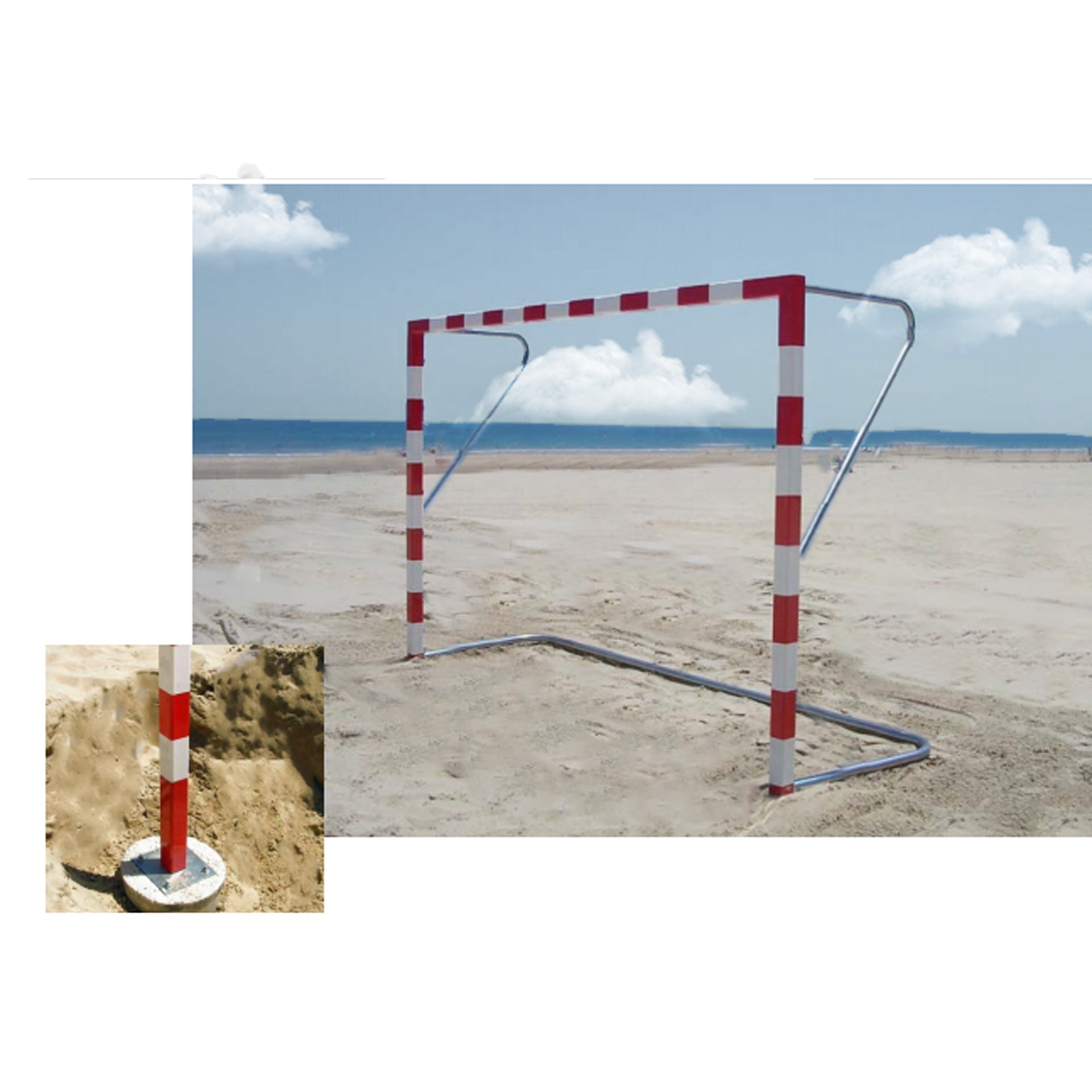 JEU DE 2 BUTS DE HANDBALL DE PLAGE EN ALUMINIUM AVEC PLATINE D'ANCRAGE ET CROSSETTES ET BASE GALVANISÉE