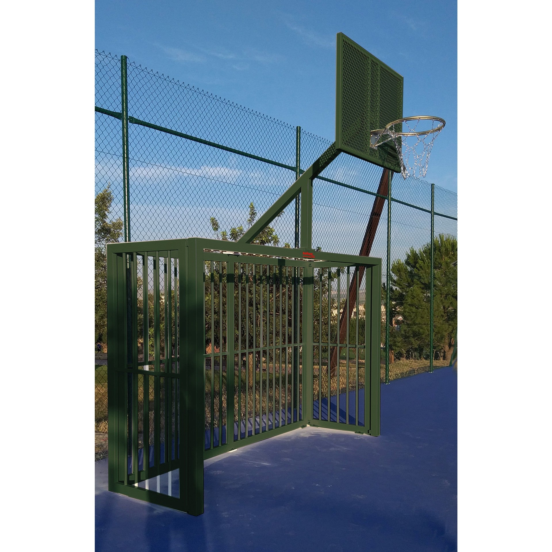 SET OF 2 INDOOR SOCCER/HANDBALL GOALS - ANTI-VANDAL BASKETBALL HOOP GREEN